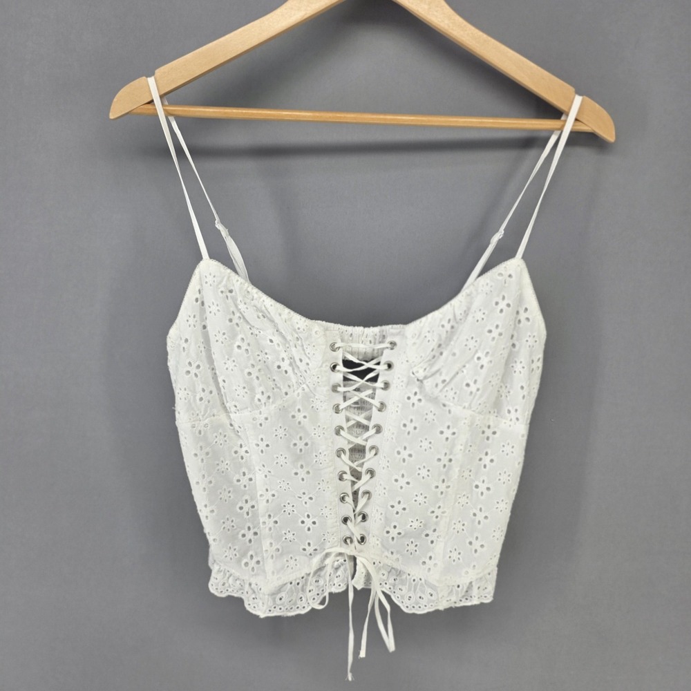 Garage Cami Top Womens Medium White Eyelet Lace Up Corset Cropped Boho Summer